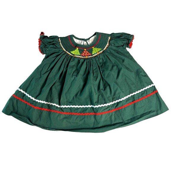 Lil Cactus Other - Lil Cactus Smocked Christmas Dress 3-6 Months - Green Corduroy Holiday Trees